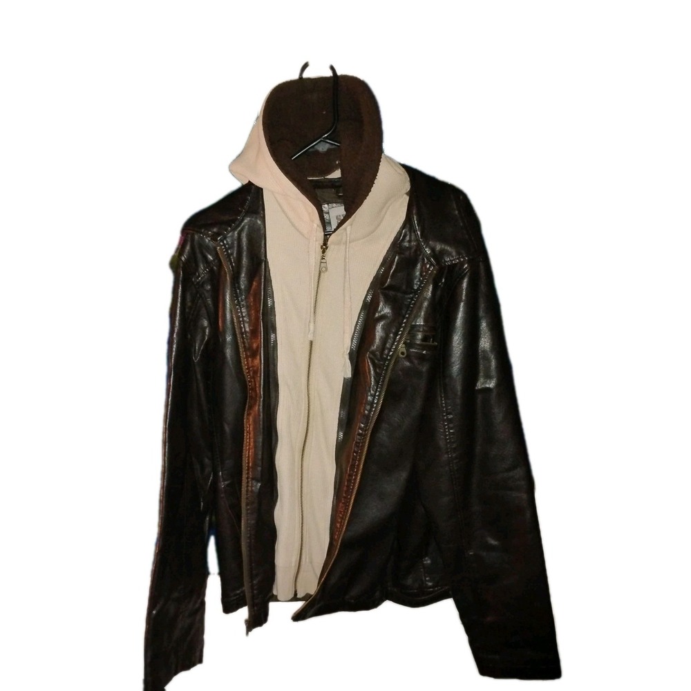 Surplus MENS L HOODED Bomber JACKET Brown Imitation Leather Double Zipper Collar